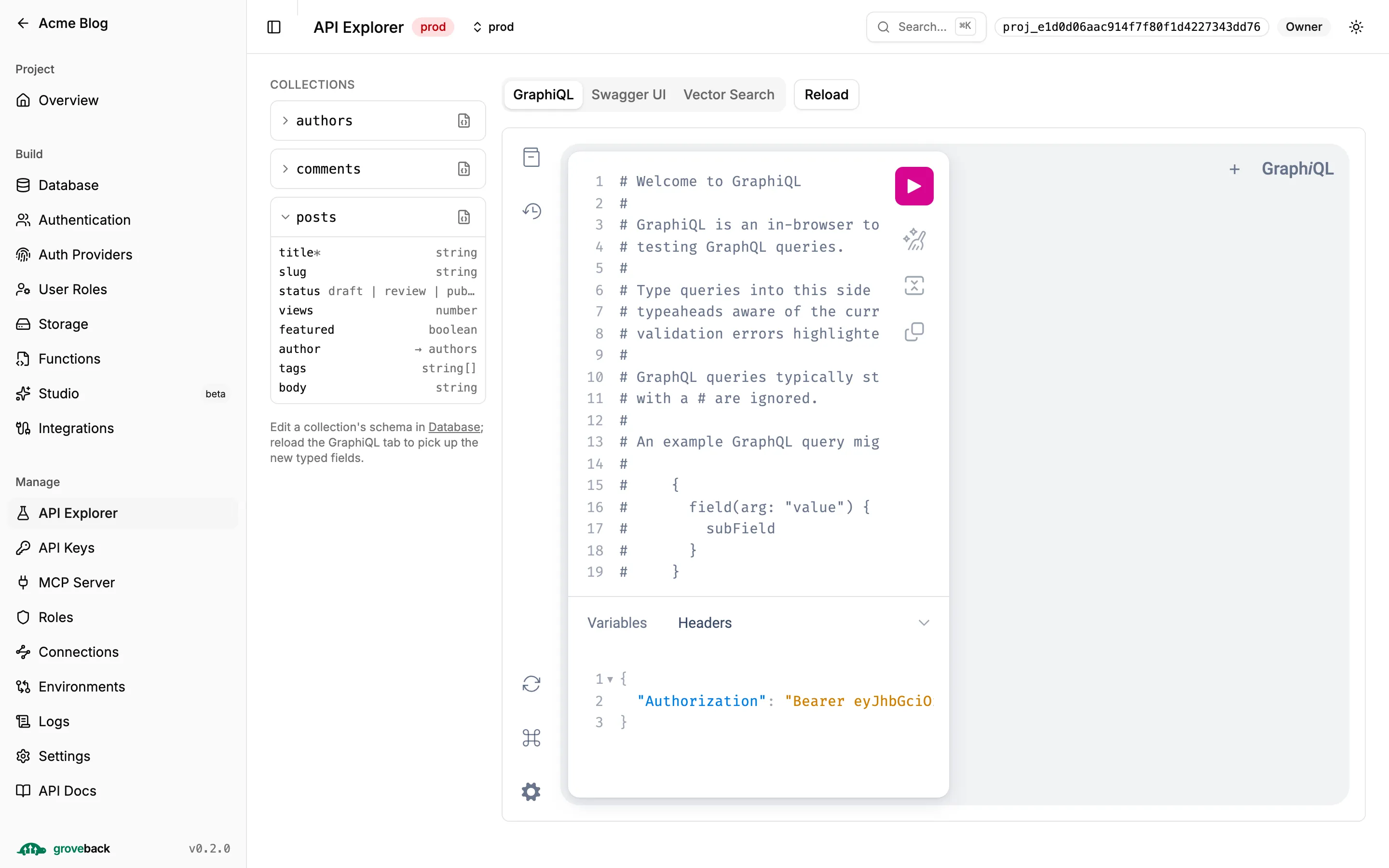 The API Explorer with GraphiQL and a collection expanded to show its fields