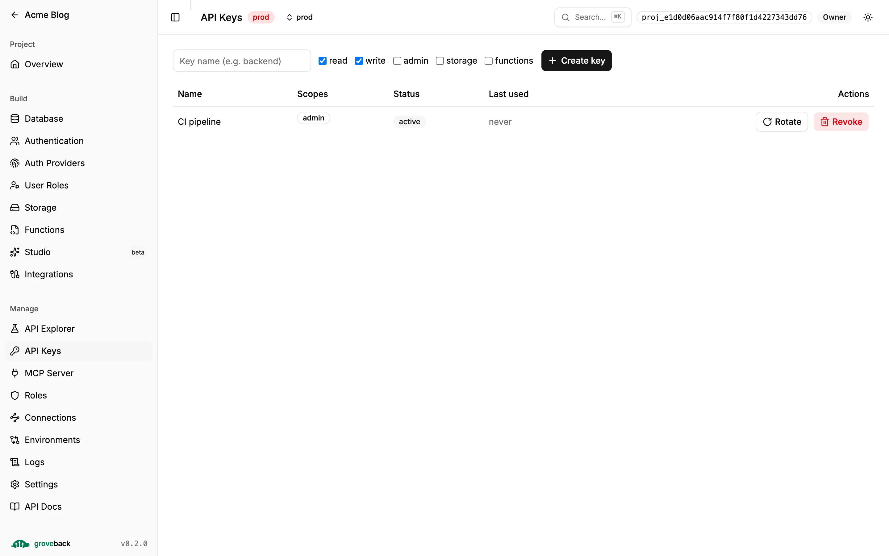 The API Keys section