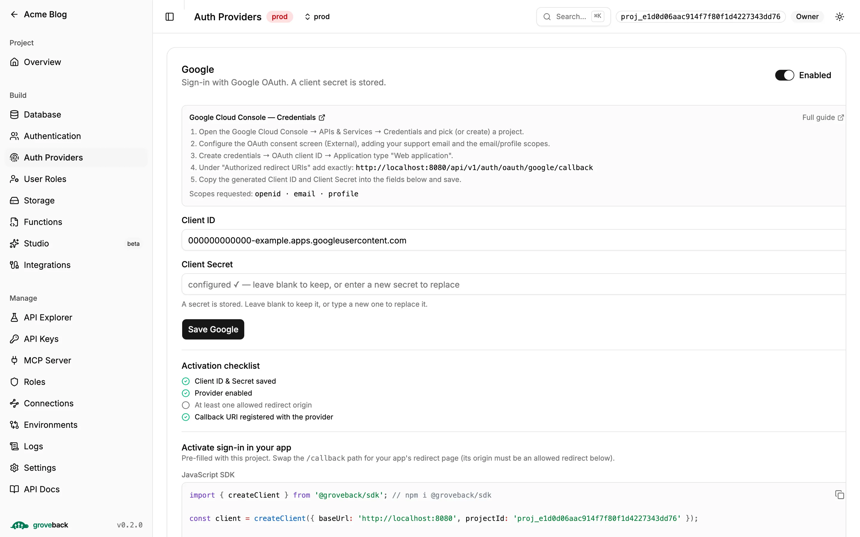 The Auth Providers section: the Google card with its setup steps, the exact callback URI, an activation checklist, and a stored secret shown only as configured