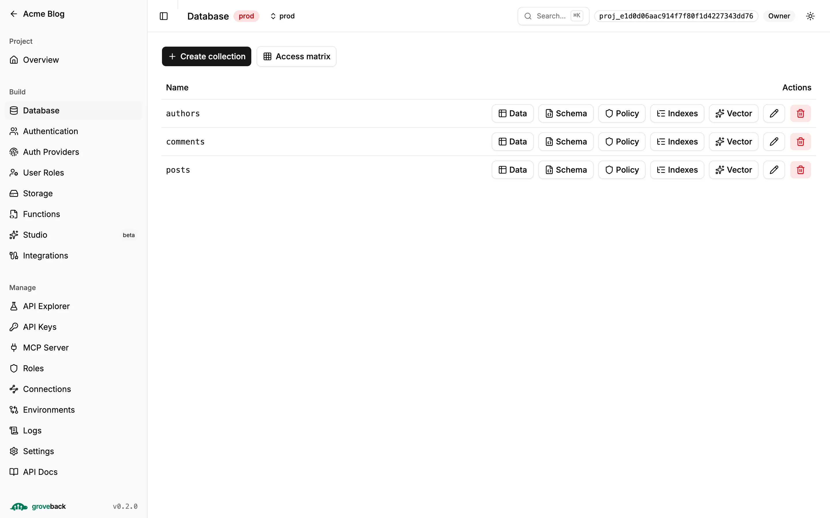 The Database section listing three collections