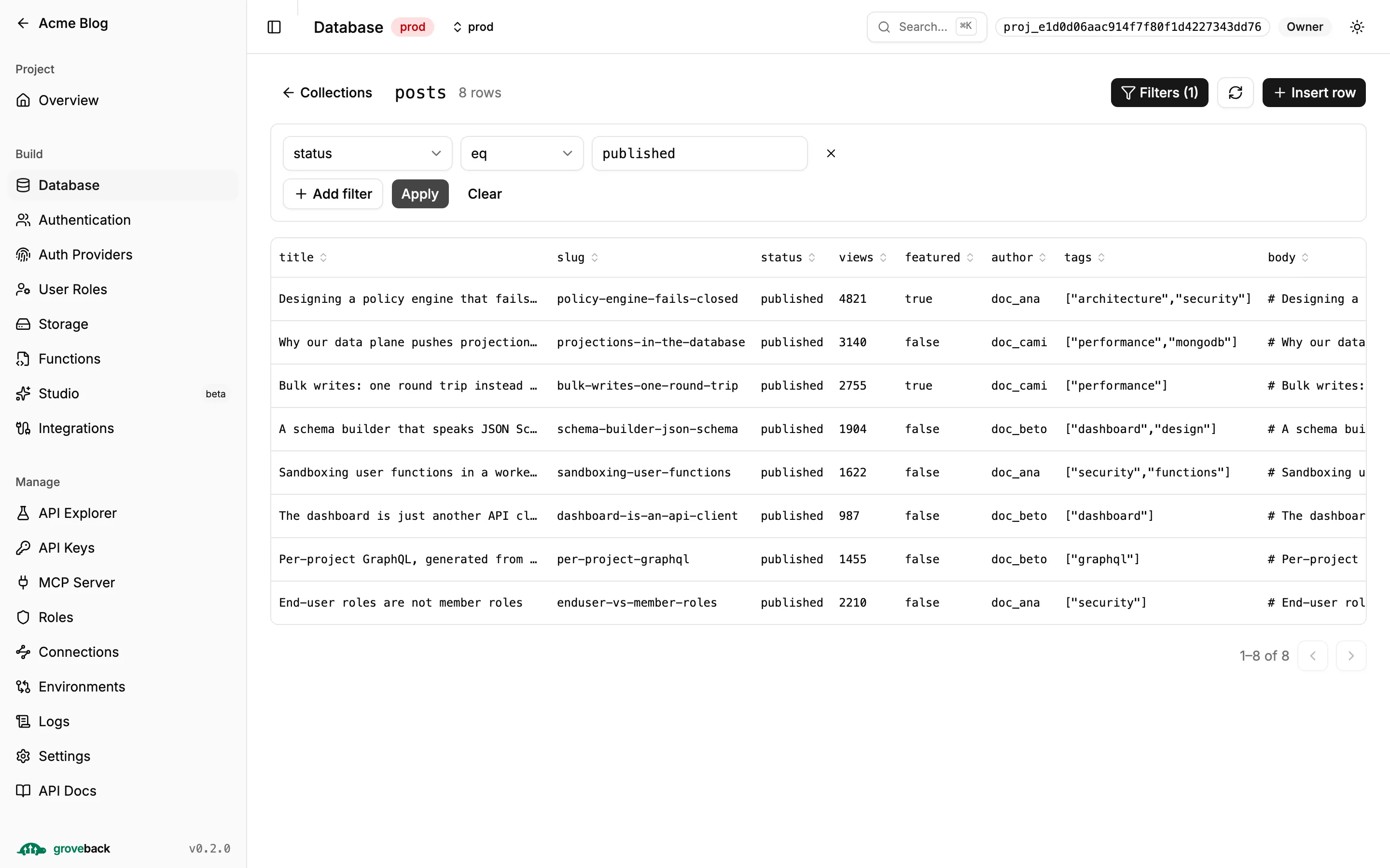 The data browser filtered to status equals published