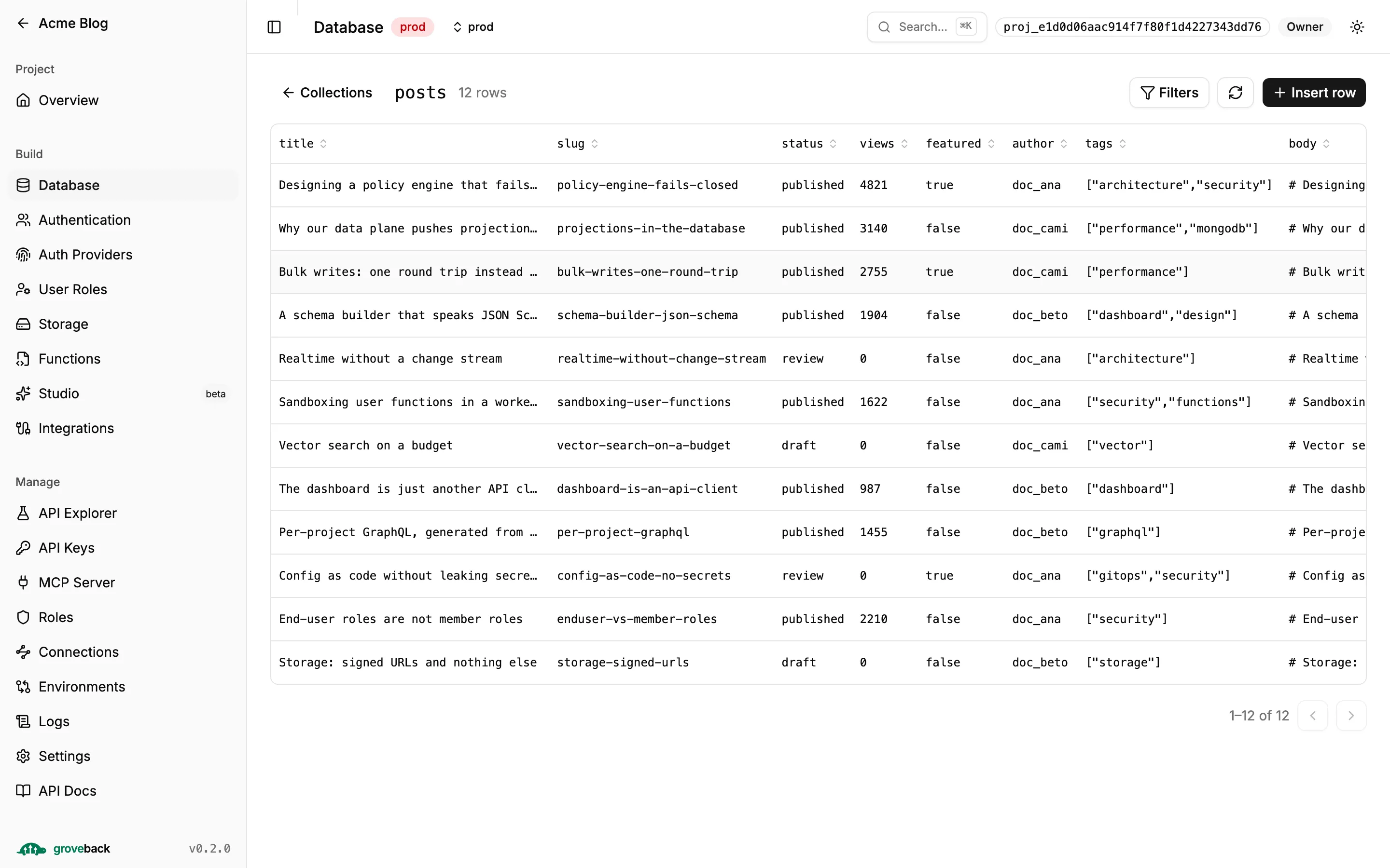 The data browser listing documents with sortable columns