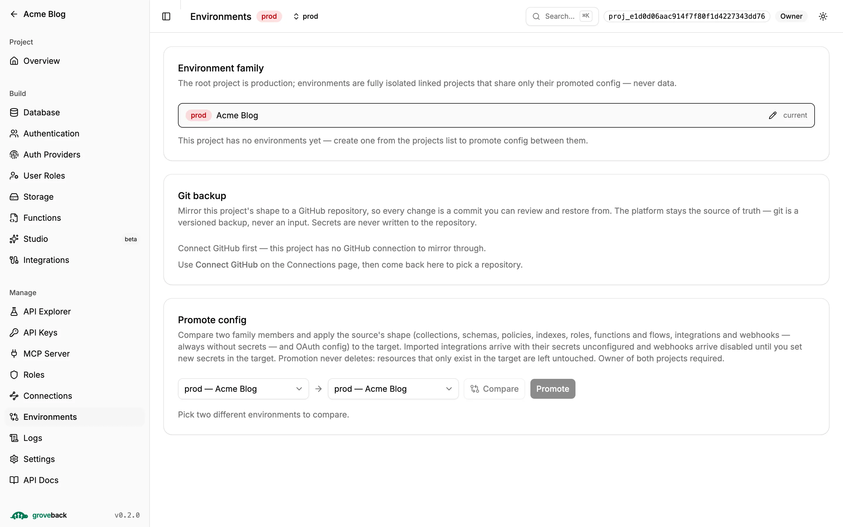 The Environments section with the environment family, Git backup and Promote config panels