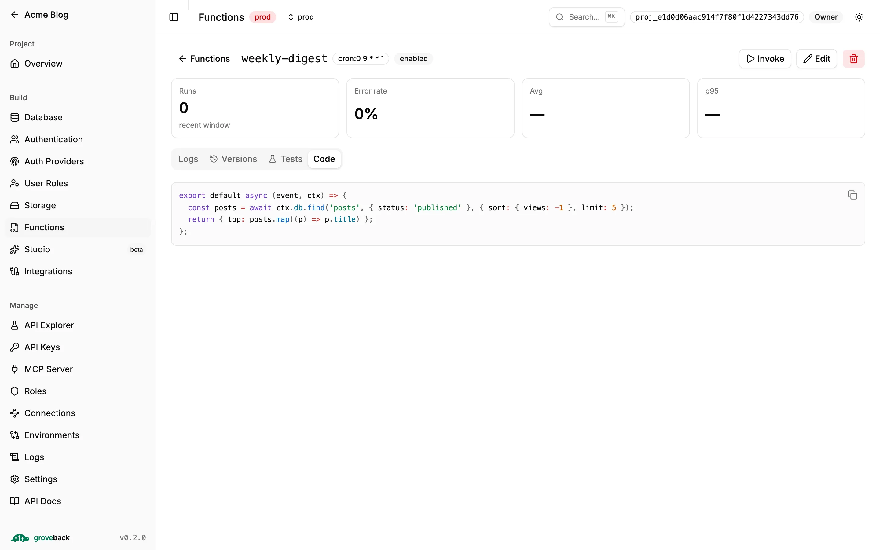 A function's detail view on the Code tab, with Logs, Versions and Tests alongside
