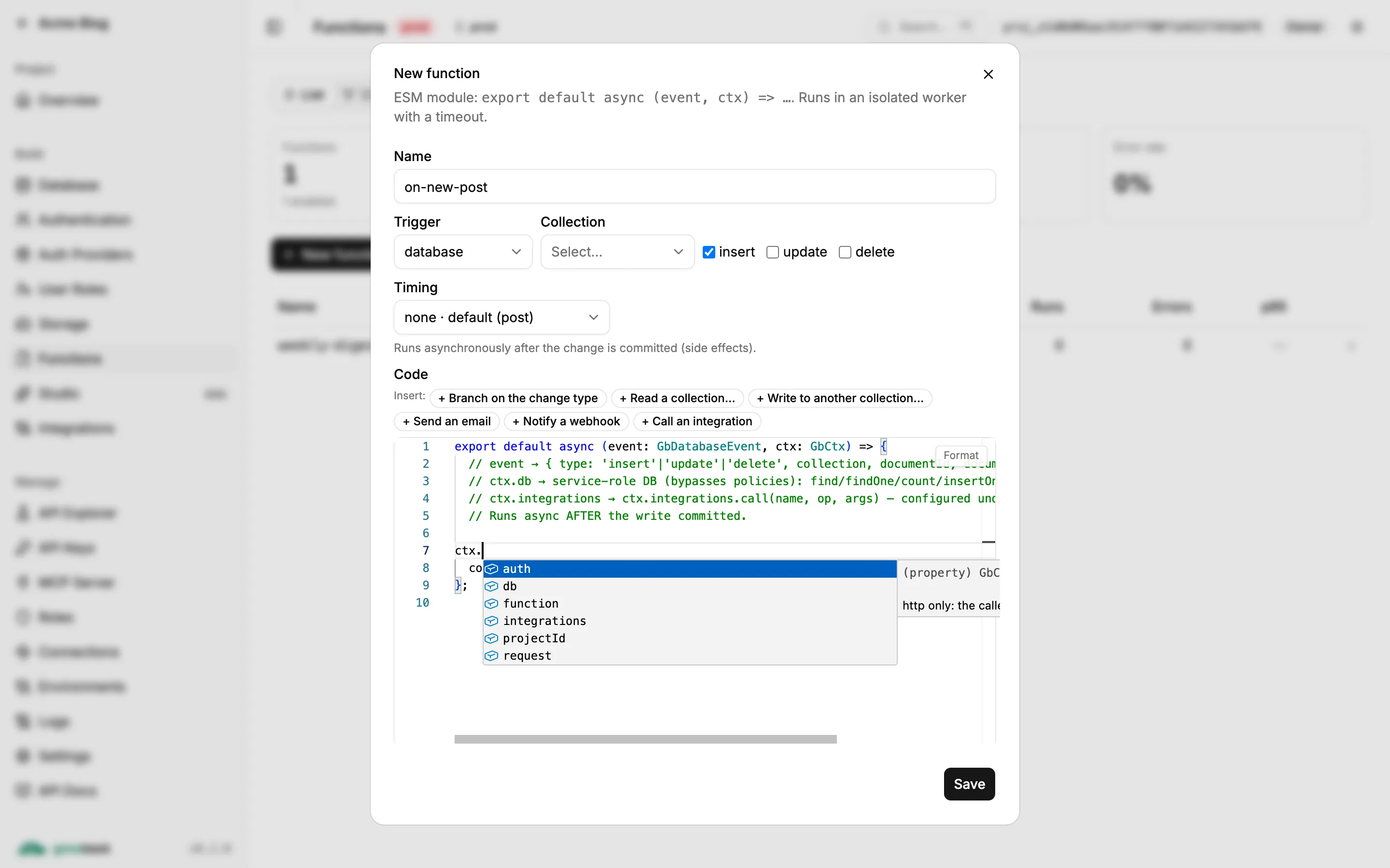The New function dialog: a typed handler signature and Monaco's completion list showing the members of GbCtx