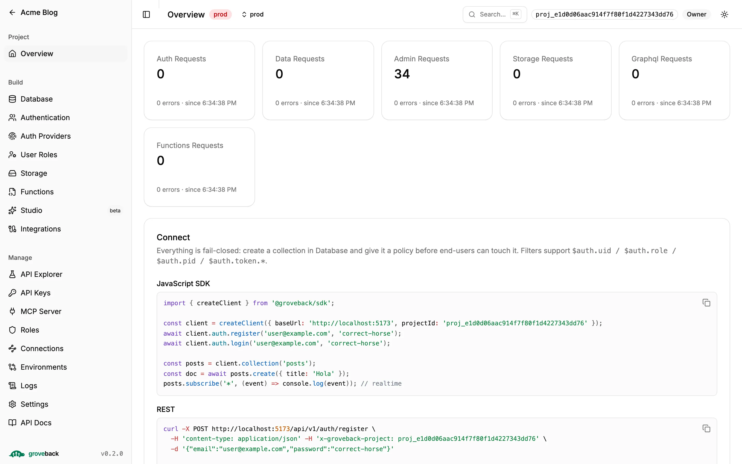 Project overview with request counters, plan usage and SDK snippets