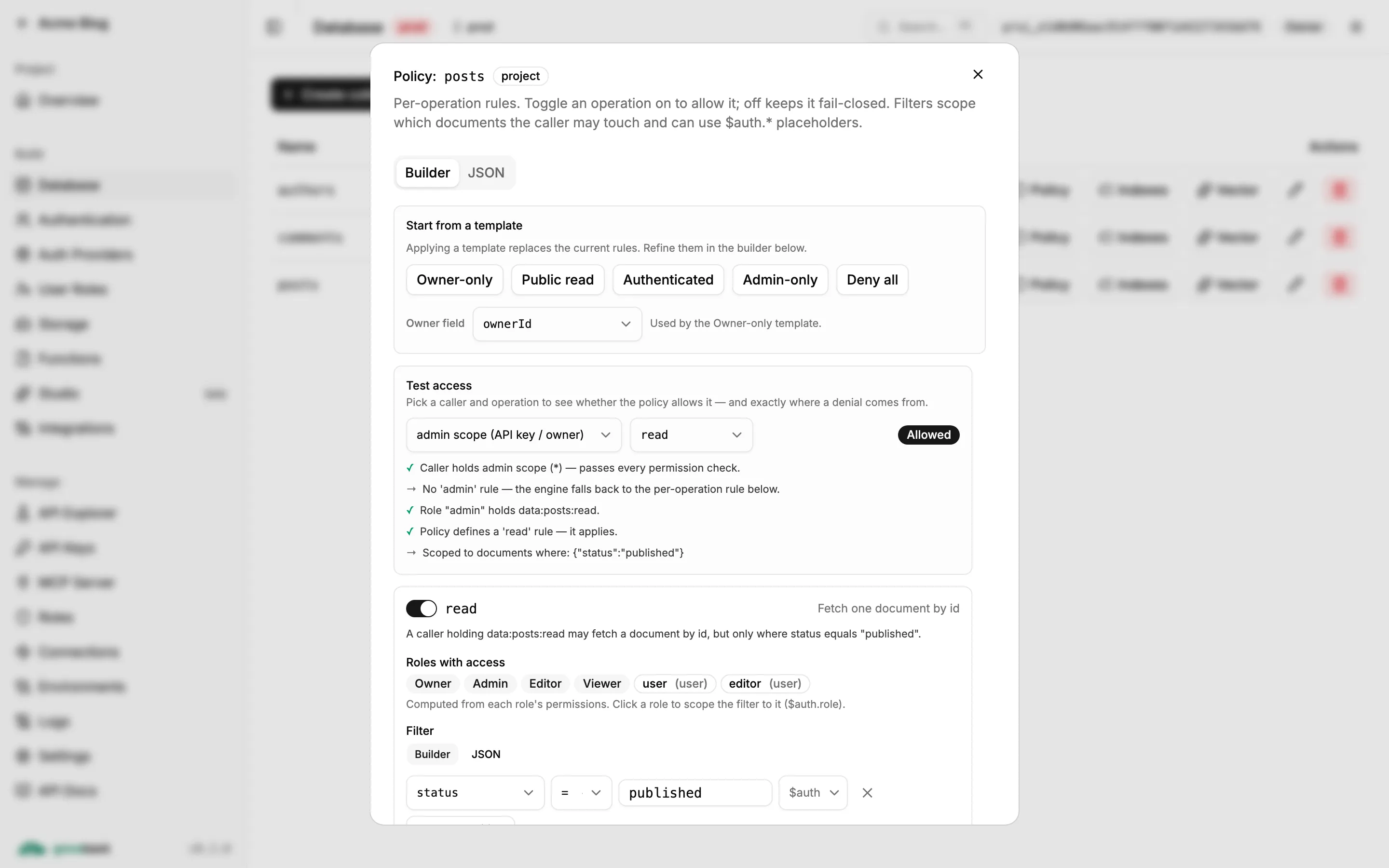 The policy editor with templates, the Test access simulator and a per-operation rule