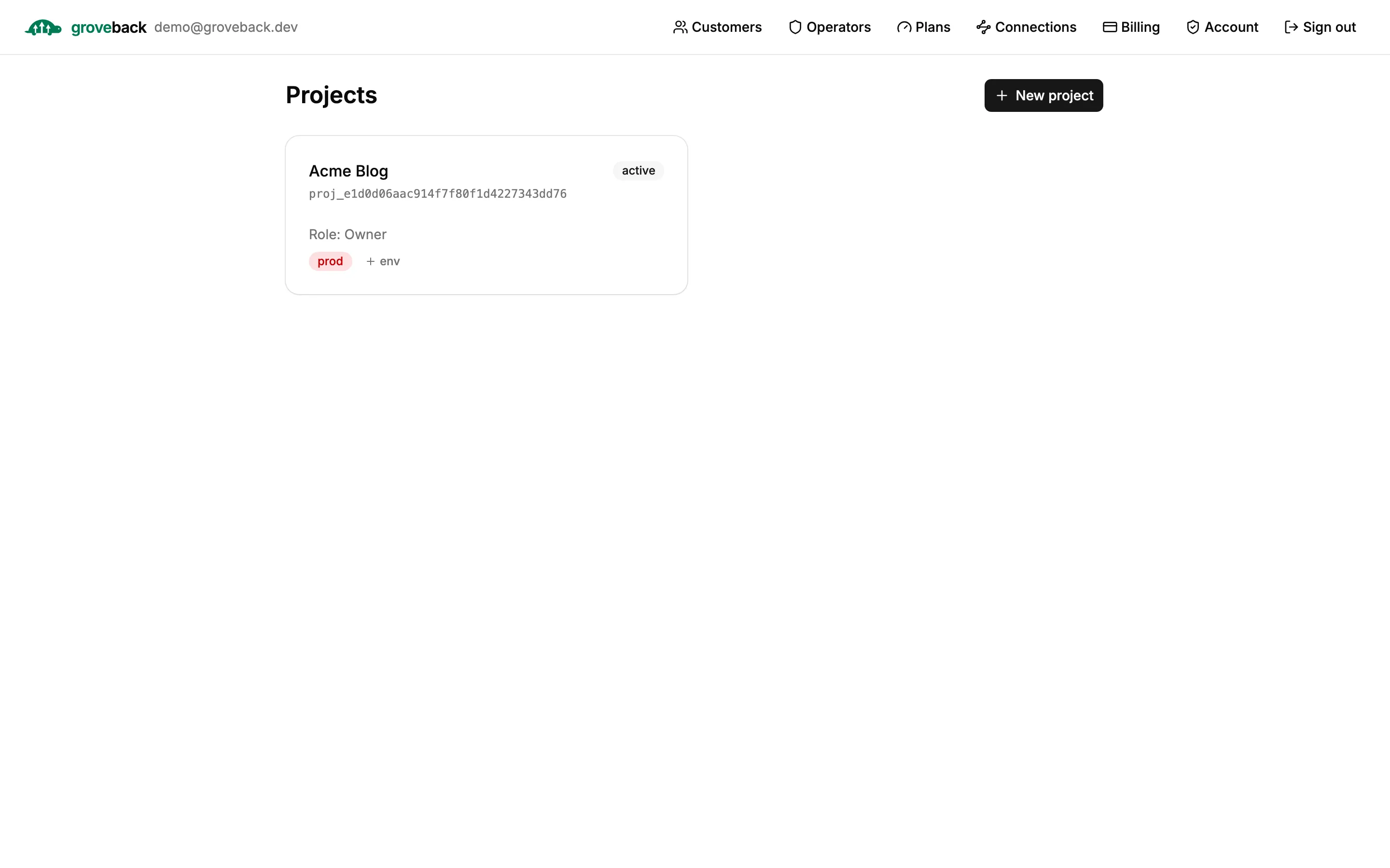 The Groveback project list, showing one project card