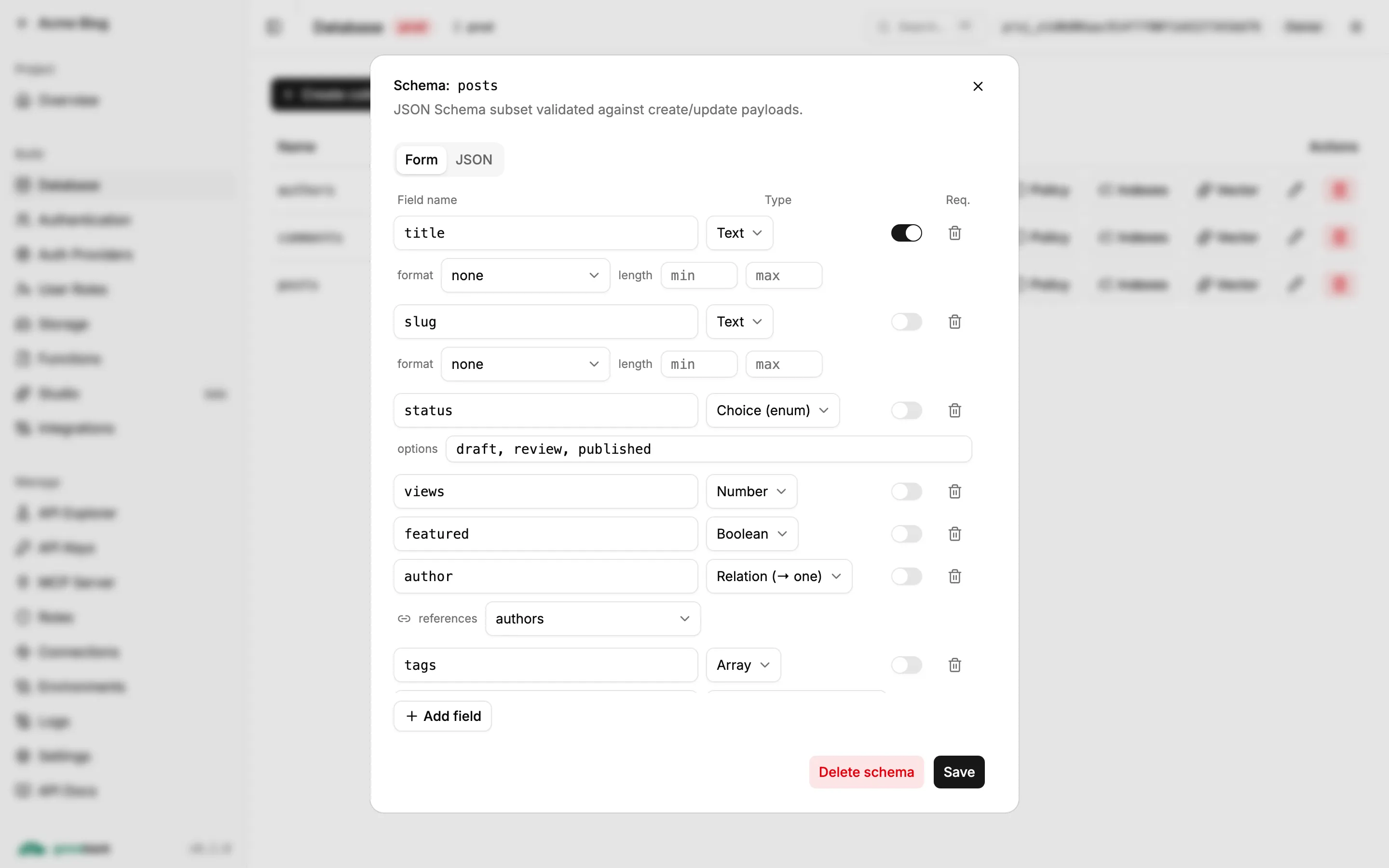 The schema builder showing text, enum, number, boolean, relation and array fields