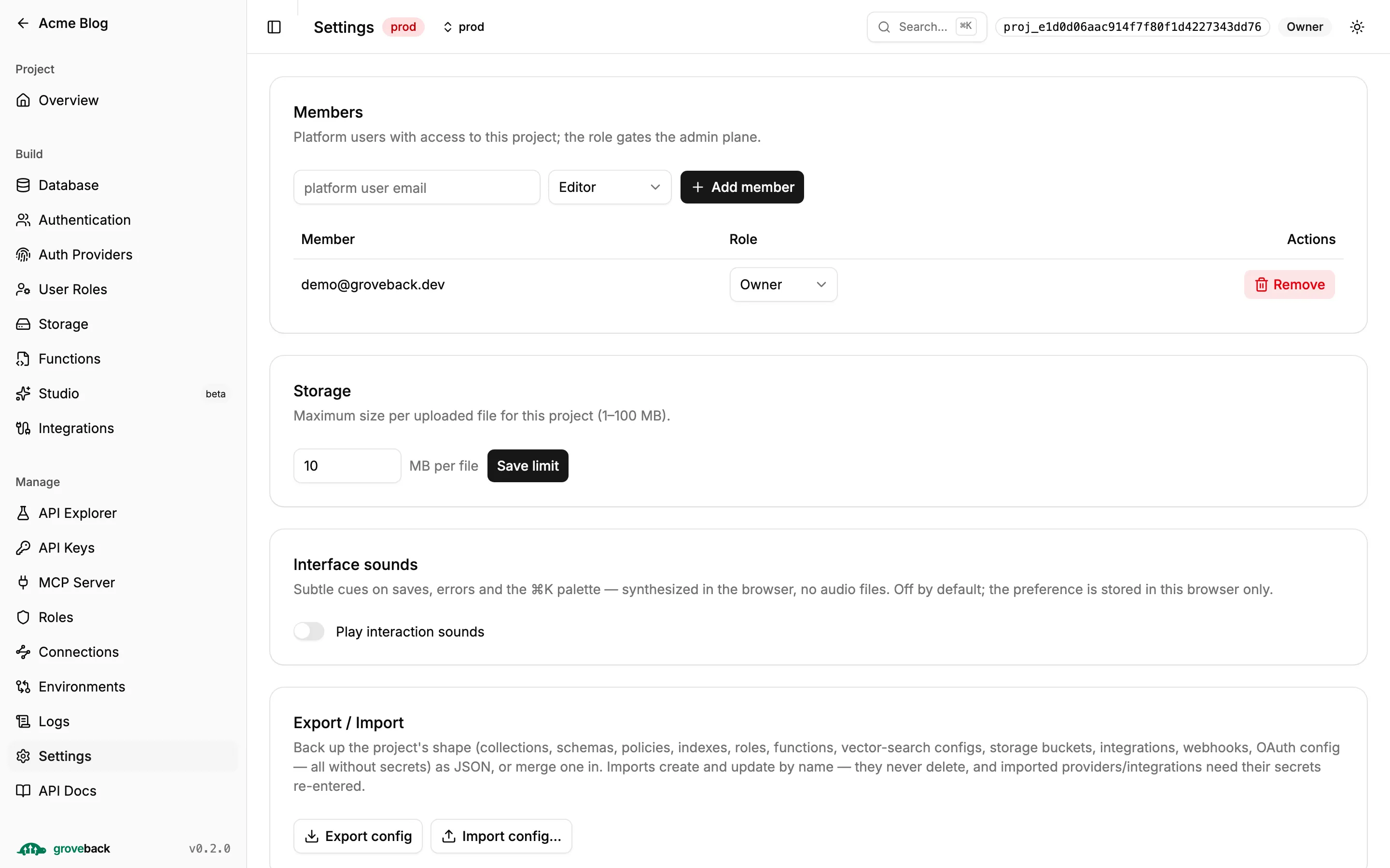 The project Settings section