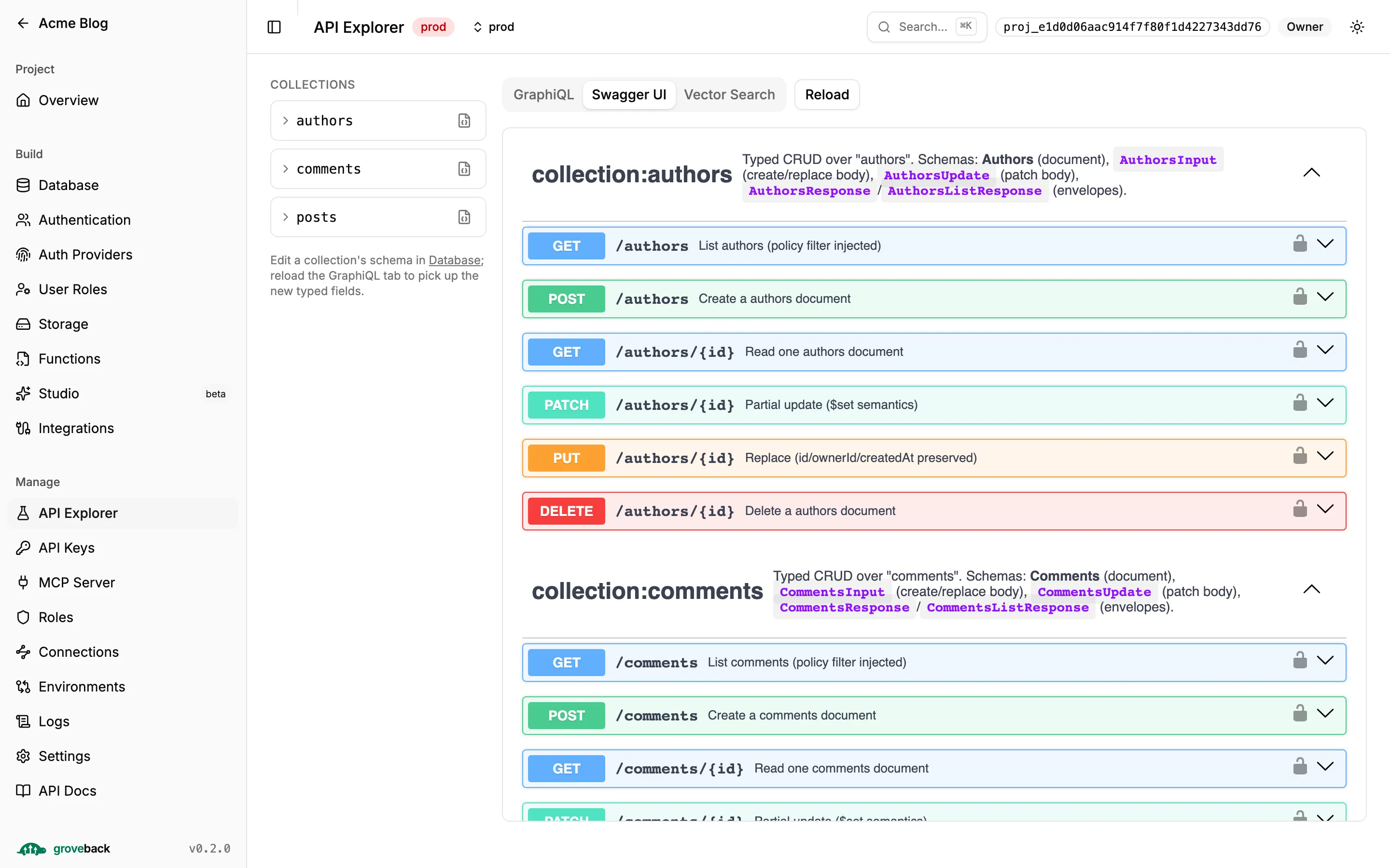 Swagger UI showing collection:authors and collection:comments, each with its own paths and generated schemas