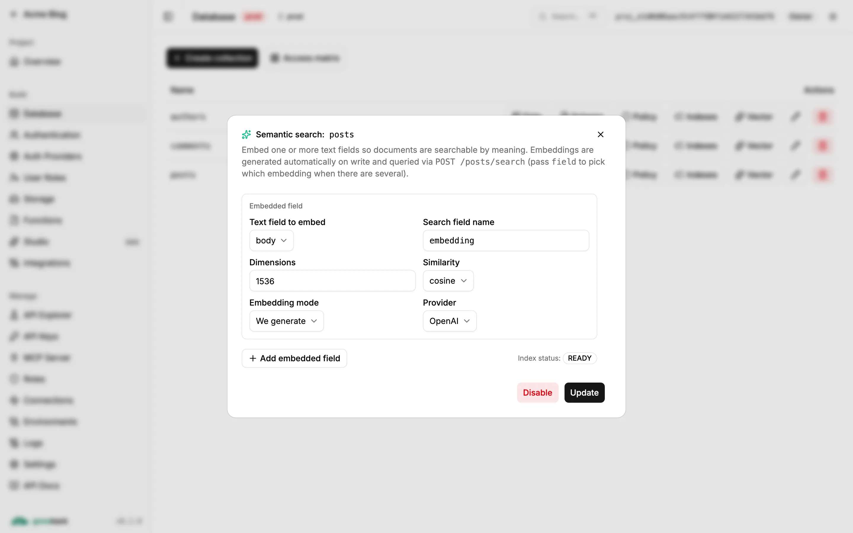 The Semantic search dialog: text field to embed, dimensions, similarity, embedding mode and provider