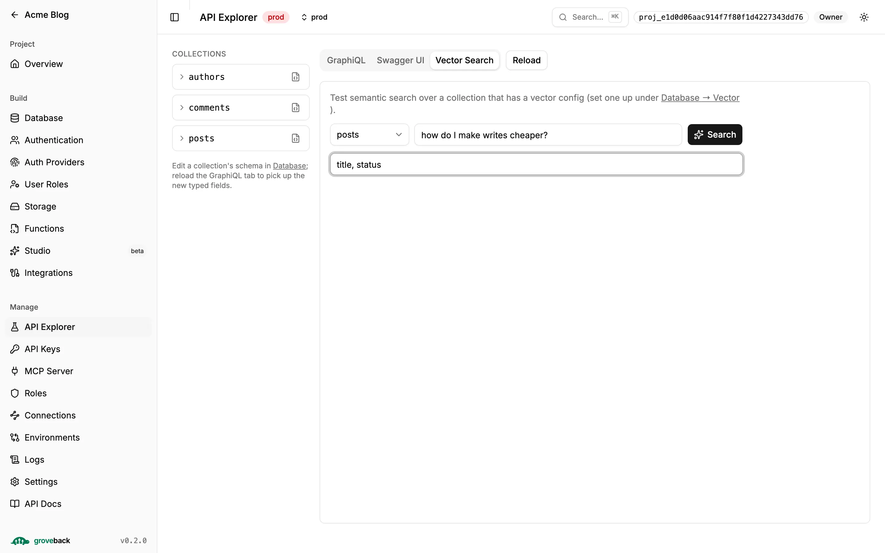 The Vector Search tester in the API Explorer, with a collection, a natural-language query and a field projection