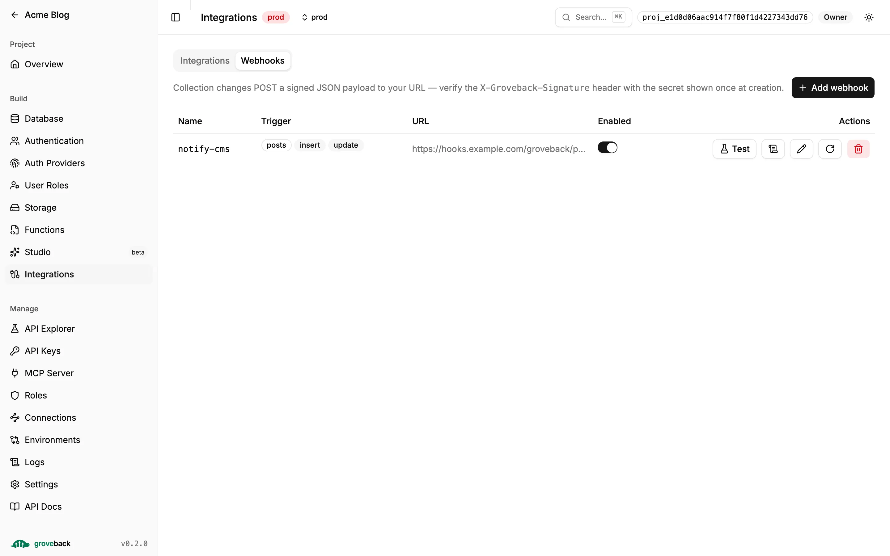 The Webhooks tab listing a webhook triggered by insert and update on posts